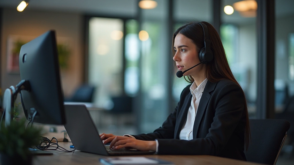 Агент поддержки консультирует клиента по видеозвонку на рабочем месте с дружелюбным выражением лица