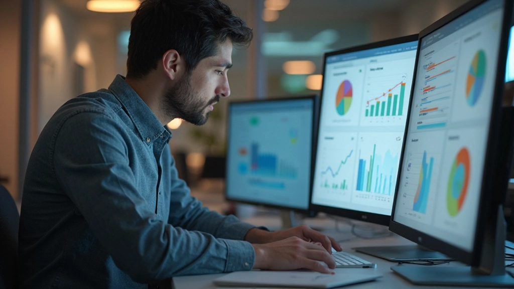 Аналитик рассматривает график на мониторе с данными и статистикой поведения пользователей