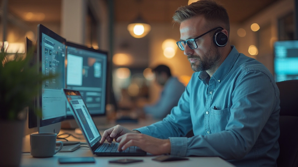 Разработчик создает адаптивный пользовательский интерфейс на экране компьютера в офисе