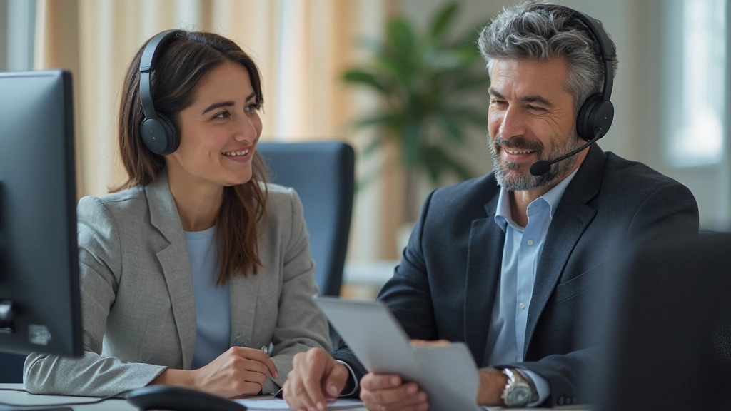 Специалист по обслуживанию клиентов помогает пожилой женщине с техническими вопросами в офисе